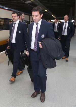 Anderlecht s doctor Geert Declercq and Anderlecht s head coach Besnik Hasi pictured at the arrival of Belgian soccer team RSCA Anderlecht in London St Pancras station, England, Monday 03 November 2014. VIRGINIExLEFOUR  premiumd 34571
