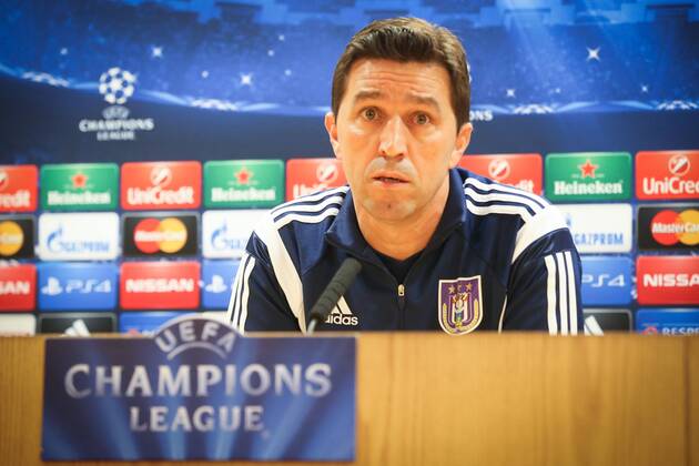 Anderlecht s head coach Besnik Hasi pictured at a press conference of Belgian soccer team RSCA Anderlecht in the Emirates stadium in London, England, Monday 03 November 2014. VIRGINIExLEFOUR  premiumd 35029