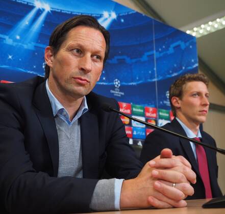 ST. PETERSBURG, RUSSIA. NOVEMBER 3, 2014. Bayer Leverkusen s head coach Roger Schmidt (L) and Bayer Leverkusen s Stefan Kiessling look on during a press conference  premiumd RE153C86
