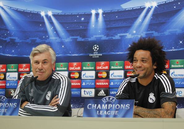 Carlo Ancelotti and Marcelo at press conference before the Champions League match of Real Madrid xBEATRIZxGUZMANx 