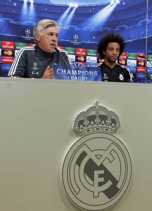 Carlo Ancelotti and Marcelo at press conference before the Champions League match of Real Madrid xBEATRIZxGUZMANx 