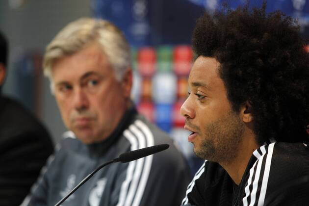 Carlo Ancelotti and Marcelo at press conference before the Champions League match of Real Madrid xBEATRIZxGUZMANx 