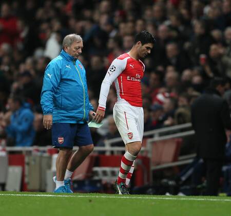 Arsenal s Mikel Arteta looks on dejected after going off injured - Champions League Group D - Arsenal vs Anderlecht- Emirates Stadium - London - England - 4th November 2014 - Picture David Klein Sportimage EDITORIAL USE ONLY. No use with unauthorised audio, video, data, fixture lists, club league logos or live services. Online in-match use limited to 120 images, no video emulation. No use in betting, games or single club league player publications.