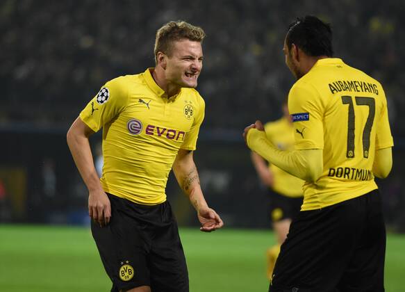 Aktuell Fussball, Champions League, Borussia Dortmund - Galatasaray Istanbul 04.11.2014, Fussball, Saison 2014 15, UEFA Champions League, Vorrunde, Borussia Dortmund - Galatasaray Istanbul Jubel Ciro Immobile (Borussia Dortmund), li., und Pierre-Emerick Aubameyang, Pierre Emerick Aubameyang (Borussia Dortmund)
