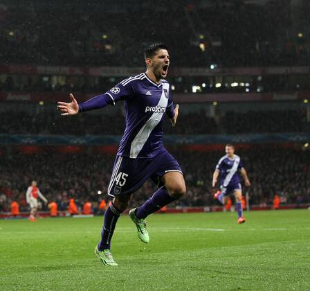 Aktuell Fussball, Champions League, FC Arsenal - RSC Anderlecht Anderlecht Aleksandar Mitrovic celebrates scoring his sides third goal - Champions League Group D - Arsenal vs Anderlecht- Emirates Stadium - London - England - 4th November 2014 - Picture David Klein Sportimage EDITORIAL USE ONLY. No use with unauthorised audio, video, data, fixture lists, club league logos or live services. Online in-match use limited to 120 images, no video emulation. No use in betting, games or single club league player publications.