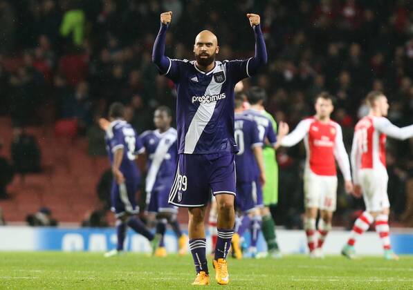 Aktuell Fussball, Champions League, FC Arsenal - RSC Anderlecht - LONDON, ENGLAND: Anderlecht s Anthony Vanden Borre celebrates after scoring at the match between English team Arsenal and Belgian RSCA Anderlecht in the Emirates stadium in London, England, Tuesday 04 November 2014, on the fourth day of the group stage of the UEFA Champions League competition, in the group D. VIRGINIExLEFOUR  premiumd 20190675