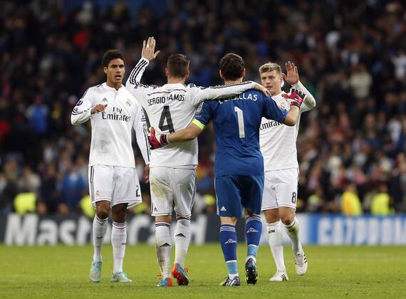 Raphael Raphael Varane, Sergio Ramos, Iker Casillas Toni Kroos, Real Madrid - Liverpool FC . In this picture, Real Madrid players celebrate the victory. xBEATRIZxGUZMANx 