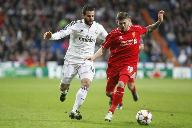 Real Madrid s Nacho Fernandez (L) and Liverpool s Alberto Moreno during Champions League soccer match between Real Madrid and Liverpool at Santiago Bernabeu stadium in Madrid, Spain. November 04, 2014.  (20190902)
