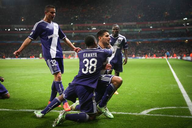- LONDON, ENGLAND: Anderlecht s Alexandar Mitrovic celebrates after scoring during the match between English team Arsenal and Belgian RSCA Anderlecht in the Emirates stadium in London, England, Tuesday 04 November 2014, on the fourth day of the group stage of the UEFA Champions League competition, in the group D. VIRGINIExLEFOUR  premiumd 20190907