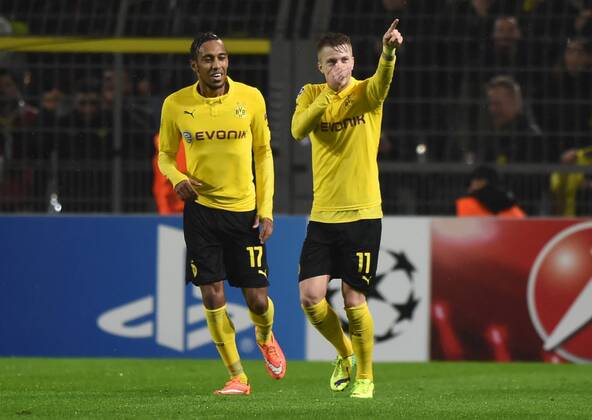 04.11.2014, Fussball, Saison 2014 15, UEFA Champions League, Vorrunde, Borussia Dortmund - Galatasaray Istanbul 4-1 Jubel Marco Reus (Borussia Dortmund), re., und Pierre-Emerick Aubameyang, Pierre Emerick Aubameyang (Borussia Dortmund)