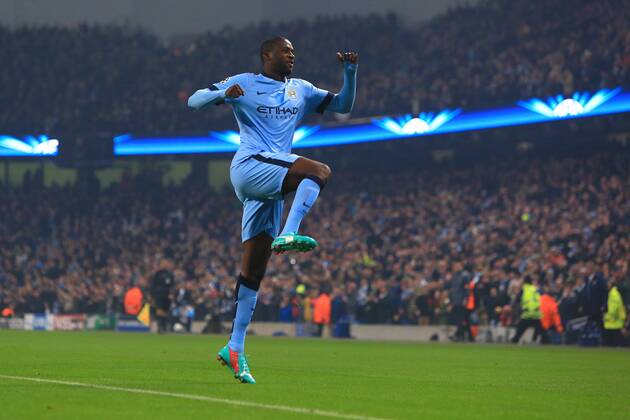 Aktuell Fussball, Champions League, Manchester City - ZSKA Moskau 2 Yaya Toure of Manchester City celebrates scoring his sides first goal - Manchester City vs. CSKA Moscow - UEFA Champions League - Etihad Stadium - Manchester - 05 11 2014 Pic Philip Oldham Sportimage EDITORIAL USE ONLY. No use with unauthorised audio, video, data, fixture lists, club league logos or live services. Online in-match use limited to 120 images, no video emulation. No use in betting, games or single club league player publications.
