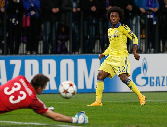 SOCCER - CL, Maribor vs Chelsea MARIBOR,SLOVENIA,05.NOV.14 - SOCCER - UEFA Champions League, group stage, NK Maribor vs Chelsea FC. Image shows Jasmin Handanovic (Maribor) and Willian (Chelsea). 