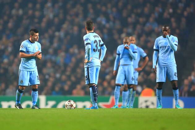 Aktuell Fussball, Champions League, Manchester City - ZSKA Moskau 3 Manchester City look dejected following CSKA s second goal - Manchester City vs. CSKA Moscow - UEFA Champions League - Etihad Stadium - Manchester - 05 11 2014 Pic Philip Oldham Sportimage EDITORIAL USE ONLY. No use with unauthorised audio, video, data, fixture lists, club league logos or live services. Online in-match use limited to 120 images, no video emulation. No use in betting, games or single club league player publications.