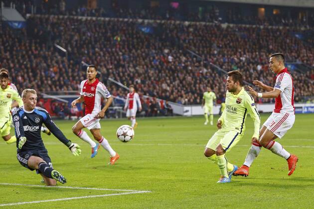 (L-R) Neymar of FC Barcelona, goalkeeper Jasper Cillessen of Ajax, Ricardo van Rhijn of Ajax, Jordi Alba of FC Barcelona, Anwar El Ghazi of Ajax during the UEFA Champions League group f match between Ajax Amsterdam and Barcelona on November 4, 2014 at the Amsterdam Arena in Amsterdam, The Netherlands. Ajax Amsterdam v Barcelona UEFA Champions League Group F 2014 2015 xVIxxIVx 3246959