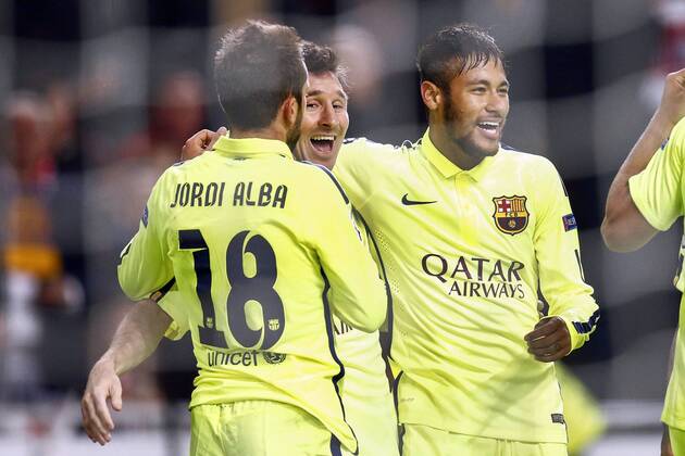 (L-R) Jordi Alba of FC Barcelona, Lionel Messi of FC Barcelona, Neymar of FC Barcelona during the UEFA Champions League group f match between Ajax Amsterdam and Barcelona on November 4, 2014 at the Amsterdam Arena in Amsterdam, The Netherlands. Ajax Amsterdam v Barcelona UEFA Champions League Group F 2014 2015 xVIxxIVx 3246986