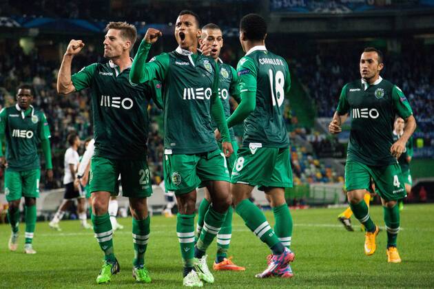 Lisbon, 20141105 ? Sporting C.P. received this night F.C. Schalke04 at the Alvalade XXI in Lisbon on match counting for the day 4 round of the Group C of the Champions League 2014 15- Final Result 4-2. Sporting Players celebrates their second goal. Nani 