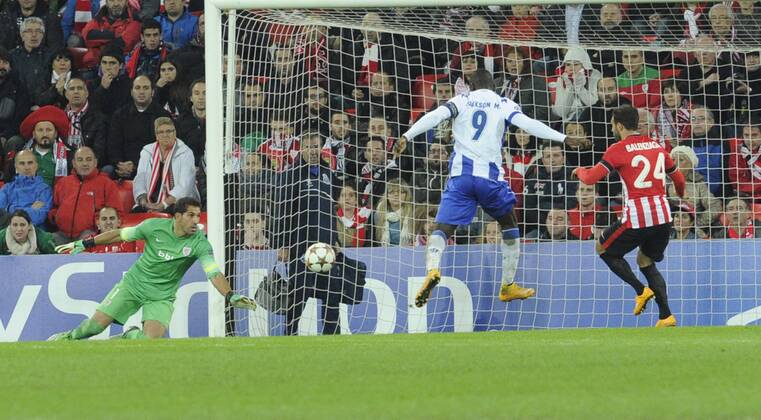 Champions League match between Athletic Bilbao and FC Porto. In this picture, Jackson Martinez scores his goal 0-1 against Gorka Iraizoz. xJUANxECHEVERRIAx 