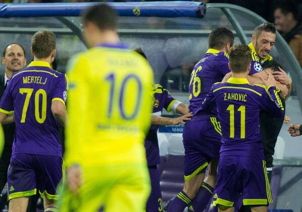 05.11.2014, Stadium Ljudski vrt, Maribor, SLO, UEFA CL, NK Maribor vs FC Chelsea, Gruppe G, im Bild Players of Maribor celebrate after Agim Ibraimi of Maribor scoring first goal for Maribor during UEFA Champions League group G match between NK Maribor and Chelsea FC at the Stadium Ljudski vrt in Maribor, Slovenia on 2014 11 05.  EX_PON  