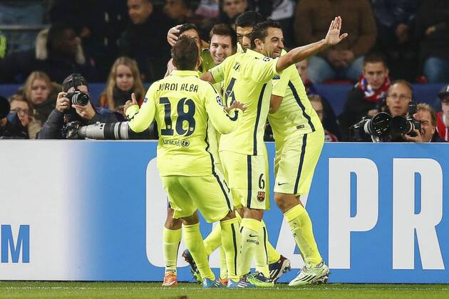 Aktuell Fussball, Champions League, Ajax Amsterdam - FC Barcelona (L-R) Jordi Alba of FC Barcelona, Pedro Rodriguez of FC Barcelona, Lionel Messi of FC Barcelona, Xavi Hernandez of FC Barcelona, Luis Suarez of FC Barcelona during the UEFA Champions League group f match between Ajax Amsterdam and Barcelona on November 4, 2014 at the Amsterdam Arena in Amsterdam, The Netherlands. Ajax Amsterdam v Barcelona UEFA Champions League Group F 2014 2015 xVIxxIVx 3247803
