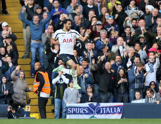 Tottenham s Nacer Chadli celebrates scoring his goal - Barclays Premier League - Tottenham Hotspur vs Stoke City- White Hart Lane - London - England - 9th November 2014 - Picture David Klein Sportimage EDITORIAL USE ONLY. No use with unauthorised audio, video, data, fixture lists, club league logos or live services. Online in-match use limited to 120 images, no video emulation. No use in betting, games or single club league player publications.