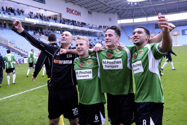 09.11.2014. Coventry, England. FA Cup 1st Round. Coventry City versus Worcester City. Worcester players salute the fans after their 2-1 victory over Coventry xStevexCookx  ActionPlus20149631