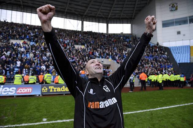 09.11.2014. Coventry, England. FA Cup 1st Round. Coventry City versus Worcester City. Worcester manager, Carl Heeley salutes the fans after their 2-1 victory over Coventry xStevexCookx  ActionPlus20149633