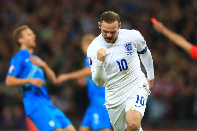 Wayne Rooney of England celebrates scoring the equalising goal - England vs. Slovenia - UEFA Euro 2016 Qualifying - Wembley Stadium - London - 15 11 2014 Pic Philip Oldham Sportimage EDITORIAL USE ONLY. No use with unauthorised audio, video, data, fixture lists, club league logos or live services. Online in-match use limited to 120 images, no video emulation. No use in betting, games or single club league player publications.