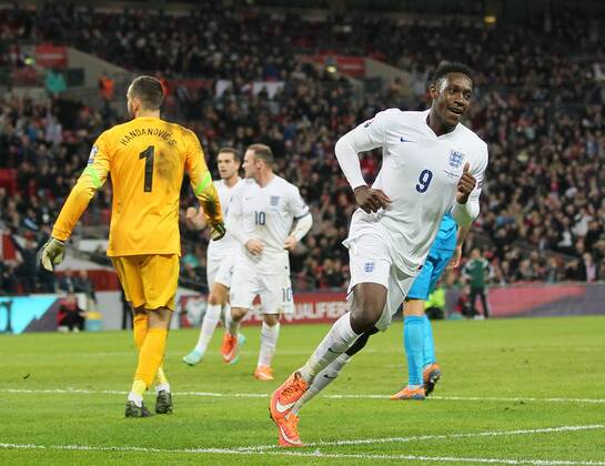 England s Danny Welbeck celebrates scoring his sides third goal - International European Qualifier - England vs Slovenia- Wembley Stadium - London - England - 15th November 2014 - Picture David Klein Sportimage EDITORIAL USE ONLY. No use with unauthorised audio, video, data, fixture lists, club league logos or live services. Online in-match use limited to 120 images, no video emulation. No use in betting, games or single club league player publications.