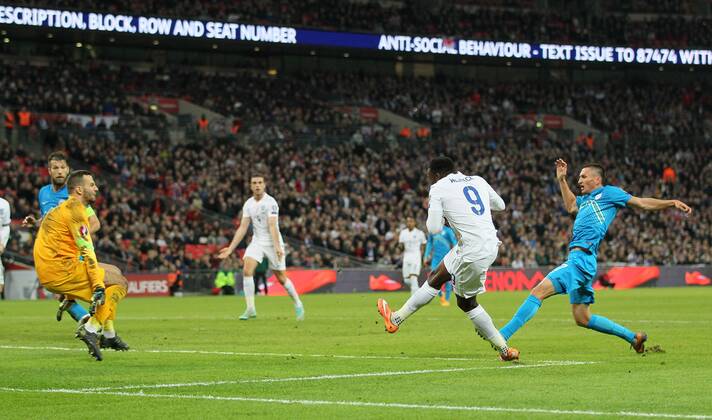 England s Danny Welbeck scoring his sides third goal - International European Qualifier - England vs Slovenia- Wembley Stadium - London - England - 15th November 2014 - Picture David Klein Sportimage EDITORIAL USE ONLY. No use with unauthorised audio, video, data, fixture lists, club league logos or live services. Online in-match use limited to 120 images, no video emulation. No use in betting, games or single club league player publications.