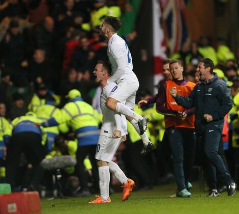 England s Wayne Rooney celebrates scoring his sides third goal - International Friendly - Scotland vs England- Celtic Park - Glasgow - Scotland - 18th November 2014 - Picture David Klein Sportimage EDITORIAL USE ONLY. No use with unauthorised audio, video, data, fixture lists, club league logos or live services. Online in-match use limited to 120 images, no video emulation. No use in betting, games or single club league player publications.