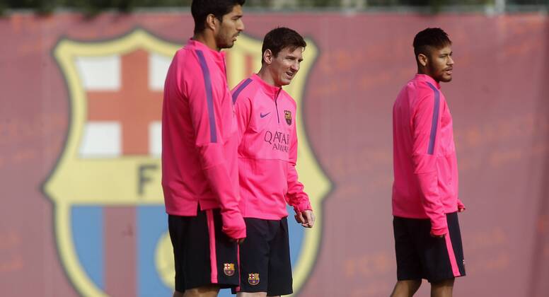 FC Barcelona training session. In the picture, Luis Suarez, Lionel Messi and Neymar. xFRANCESCxADELANTADOx 