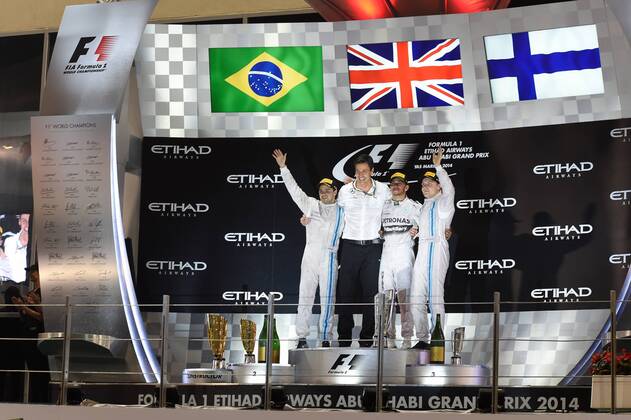 Lewis Hamilton; Mercedes Grand Prix, Sieg vor Felipe Massa; und Valtteri Bottas, Williams F1 Team, formula 1 GP, Abu Dhabi, Yas Marina Circuit, VAE, 23.11.2014 Podium, formula 1 GP, Abu Dhabi,