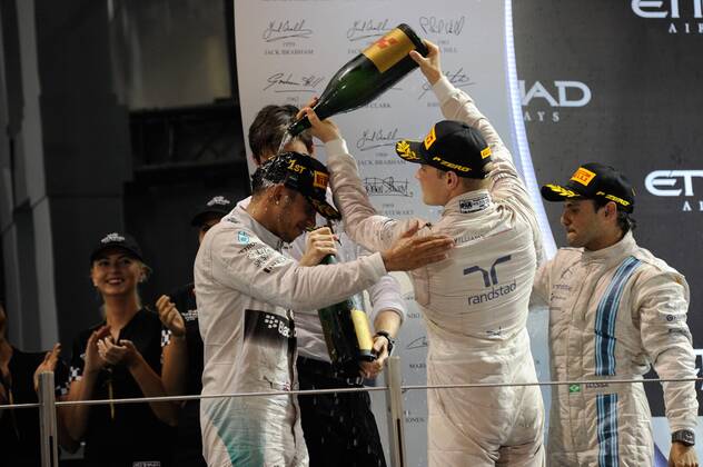 Lewis Hamilton; Mercedes Grand Prix, Sieg vor Felipe Massa; und Valtteri Bottas, Williams F1 Team, formula 1 GP, Abu Dhabi, Yas Marina Circuit, VAE, 23.11.2014 Photo:mspb Lukas Gorys Podium, formula 1 GP, Abu Dhabi,