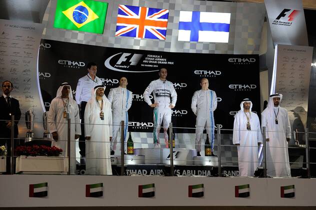 Lewis Hamilton; Mercedes Grand Prix, Sieg vor Felipe Massa; und Valtteri Bottas, Williams F1 Team, formula 1 GP, Abu Dhabi, Yas Marina Circuit, VAE, 23.11.2014 Photo:mspb Lukas Gorys Podium, formula 1 GP, Abu Dhabi,
