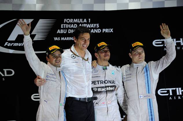 Lewis Hamilton; Mercedes Grand Prix, Sieg vor Felipe Massa; und Valtteri Bottas, Williams F1 Team, formula 1 GP, Abu Dhabi, Yas Marina Circuit, VAE, 23.11.2014 Photo:mspb Lukas Gorys Podium, formula 1 GP, Abu Dhabi,