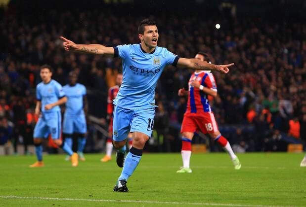 Sergio Kun Aguero of Manchester City celebrates his opening goal - Manchester City vs. Bayern Munich - UEFA Champion s League - Etihad Stadium - Manchester - 25 11 2014 Pic Philip Oldham Sportimage EDITORIAL USE ONLY. No use with unauthorised audio, video, data, fixture lists, club league logos or live services. Online in-match use limited to 120 images, no video emulation. No use in betting, games or single club league player publications.