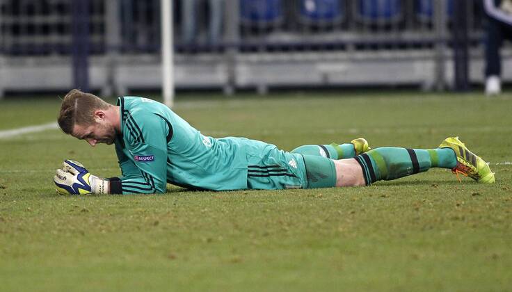 Schalkes goalkeeper Ralf Fährmann disappointed after the 0:2 during the Championsleague match between FC Schalke 04 and Chelsea London, Veltins Arena in Gelsenkirchen on November 25., 2014. FC Schalke 04 vs. Chelsea London in der Champions League der Saison 2014 2015 am 25. November 2014.