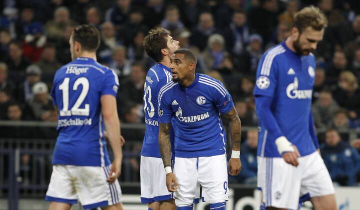 Schalkes Kevin-Prince Boateng (M), Schalkes Marco Höger (12), Schalkes Roman Neustädter (2.L) are disappointed after the 0:2 during the Championsleague match between FC Schalke 04 and Chelsea London, Veltins Arena in Gelsenkirchen on November 25., 2014. FC Schalke 04 vs. Chelsea London in der Champions League der Saison 2014 2015 am 25. November 2014.