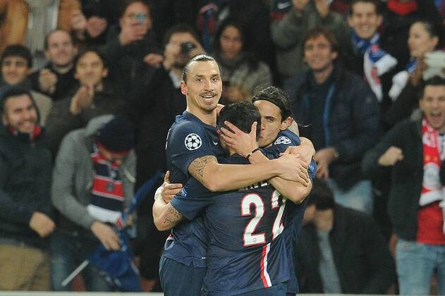 joie Edinson Cavani apres son but - Zlatan Ibrahimovic - Ezequiel Lavezzi (PSG) FOOTBALL : PSG vs Ajax - Champion s League - 25 11 2014 N.LeGouic FEP Panoramic 