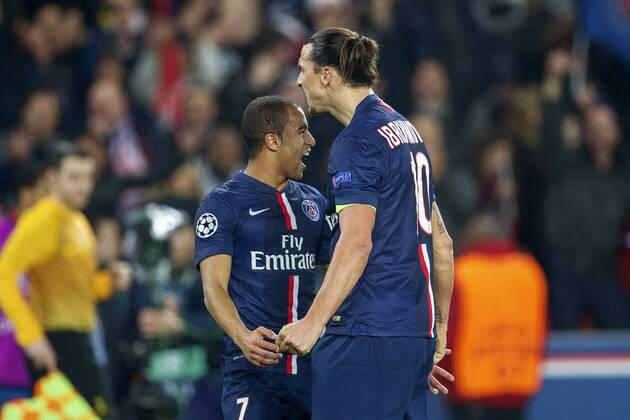 (L-R) Lucas of Paris Saint-Germain, Zlatan Ibrahimovic of Paris Saint-Germain during the UEFA Champions League group F match between Paris Saint-Germain and Ajax Amsterdam on November 24, 2014 at the Parc de Princes stadium in Paris, France. Paris Saint-Germain v Ajax Amsterdam UEFA Champions League Group F 2014 2015 xVIxxIVx 3301288