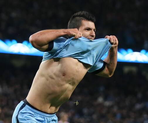 Sergio Kun Aguero of Manchester City celebrates scoring the winning goal - UEFA Champions League group E - Manchester City vs Bayern Munich - Etihad Stadium - Manchester - England - 25rd November 2014 - Picture Simon Bellis Sportimage EDITORIAL USE ONLY. No use with unauthorised audio, video, data, fixture lists, club league logos or live services. Online in-match use limited to 120 images, no video emulation. No use in betting, games or single club league player publications.