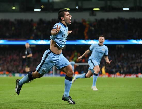 Sergio Kun Aguero of Manchester City celebrates scoring the winning goal - UEFA Champions League group E - Manchester City vs Bayern Munich - Etihad Stadium - Manchester - England - 25rd November 2014 - Picture Simon Bellis Sportimage EDITORIAL USE ONLY. No use with unauthorised audio, video, data, fixture lists, club league logos or live services. Online in-match use limited to 120 images, no video emulation. No use in betting, games or single club league player publications.