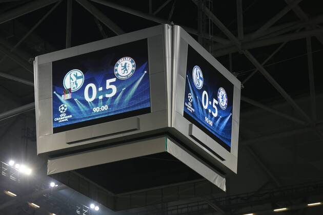 Anzeigetafel, Videowuerfel mit dem Endergebnis von 5:0 FC Schalke 04 vs FC Chelsea, Fussball, Champions-League, 25.11.2014 , EP_JSE