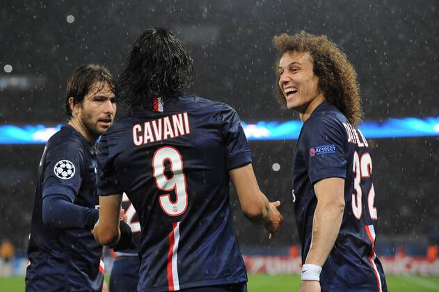 joie Edinson Cavani apres son but - David Luiz (PSG) FOOTBALL : PSG vs Ajax - Champion s League - 25 11 2014 N.LeGouic FEP Panoramic 
