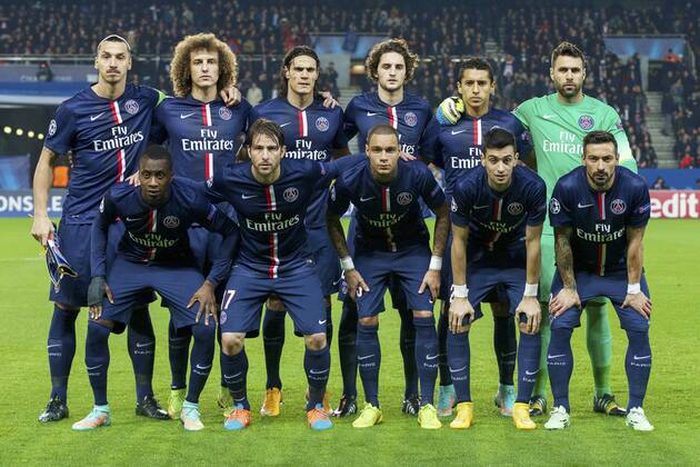 (Top Row L-R) Zlatan Ibrahimovic of Paris Saint-Germain, David Luiz of Paris Saint-Germain, Edinson Cavani of Paris Saint-Germain, Adrien Rabiot of Paris Saint-Germain, Marquinhos of Paris Saint-Germain, goalkeeper Salvatore Sirigu of Paris Saint-Germain (Front row L-R) Blaise Matuidi of Paris Saint-Germain, Maxwell of Paris Saint-Germain, Gregory van der Wiel of Paris Saint-Germain, Javier Pastore of Paris Saint-Germain, Ezequiel Lavezzi of Paris Saint-Germain during the UEFA Champions League group F match between Paris Saint-Germain Amsterdam on November 24, 2014 at the Parc de Princes stadium in Paris, France. Paris Saint-Germain Amsterdam UEFA Champions League Group F 2014 2015 xVIxxIVx 3301524
