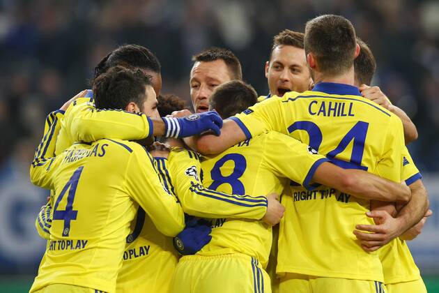 Gelsenkirchen, Deutschland 25. Oktober 2014: Champions League 14 15 - FC Schalke 04 vs. FC Chelsea. Torjubel Jubel Freude Emotion nach 0:5, Didier Drogba (Chelsea) , Cesc Fabregas (Chelsea), u.a. md
