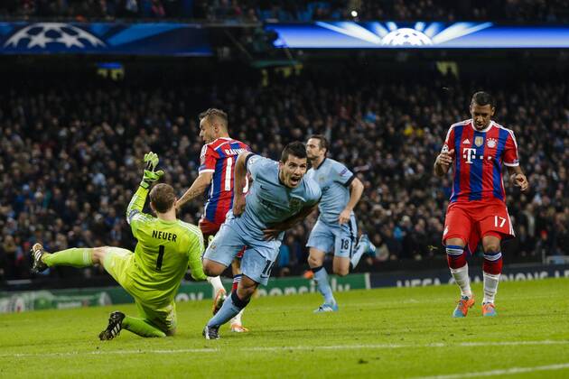 25.11.2014. Manchester, England. Champions League Group Stage. Manchester City versus Bayern Munich. Manchester City s Sergio Kun Aguero celebrates scoring his third goal to seal the win for his side - 3-2 final score xCraigxMercerx  ActionPlus11579193