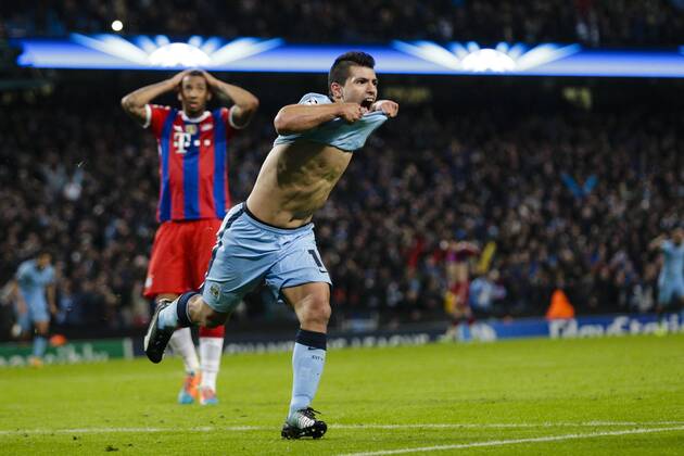 25.11.2014. Manchester, England. Champions League Group Stage. Manchester City versus Bayern Munich. Manchester City s Sergio Kun Aguero celebrates scoring his third goal to seal the win for his side - 3-2 final score xCraigxMercerx  ActionPlus11579196
