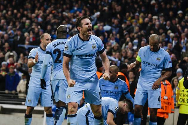 25.11.2014. Manchester, England. Champions League Group Stage. Manchester City versus Bayern Munich. Manchester City s Frank Lampard celebrates his side s third &amp; winning goal xCraigxMercerx  ActionPlus11579204