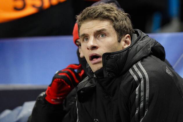 25.11.2014. Manchester, England. Champions League Group Stage. Manchester City versus Bayern Munich. Bayern Munich& x2019;s Thomas Muller sits on the bench xCraigxMercerx  ActionPlus11579205